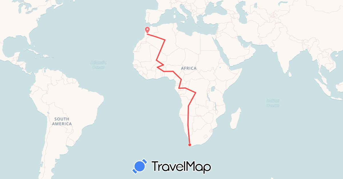 TravelMap itinerary: driving, hiking in Angola, Burkina Faso, Benin, Democratic Republic of the Congo, Republic of the Congo, Cameroon, Algeria, Gabon, Morocco, Mali, Namibia, Niger, Nigeria, South Africa (Africa)